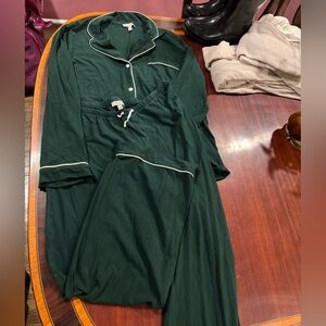 J. Crew Dark Green Pajama Set with White Trim